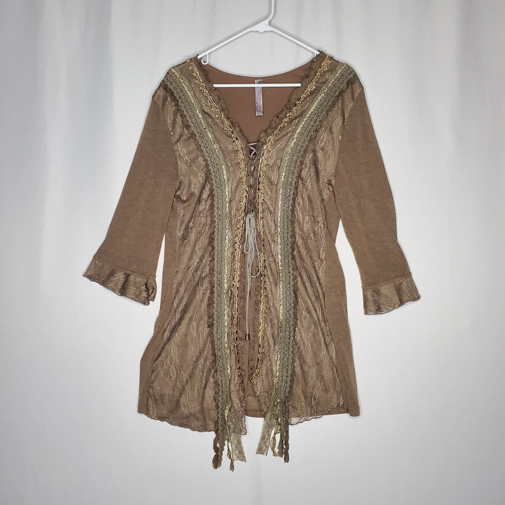 Pretty Angel Tunic Women‎ Large Brown Ruffle Lace Linen Whimsigoth Fairy Grunge